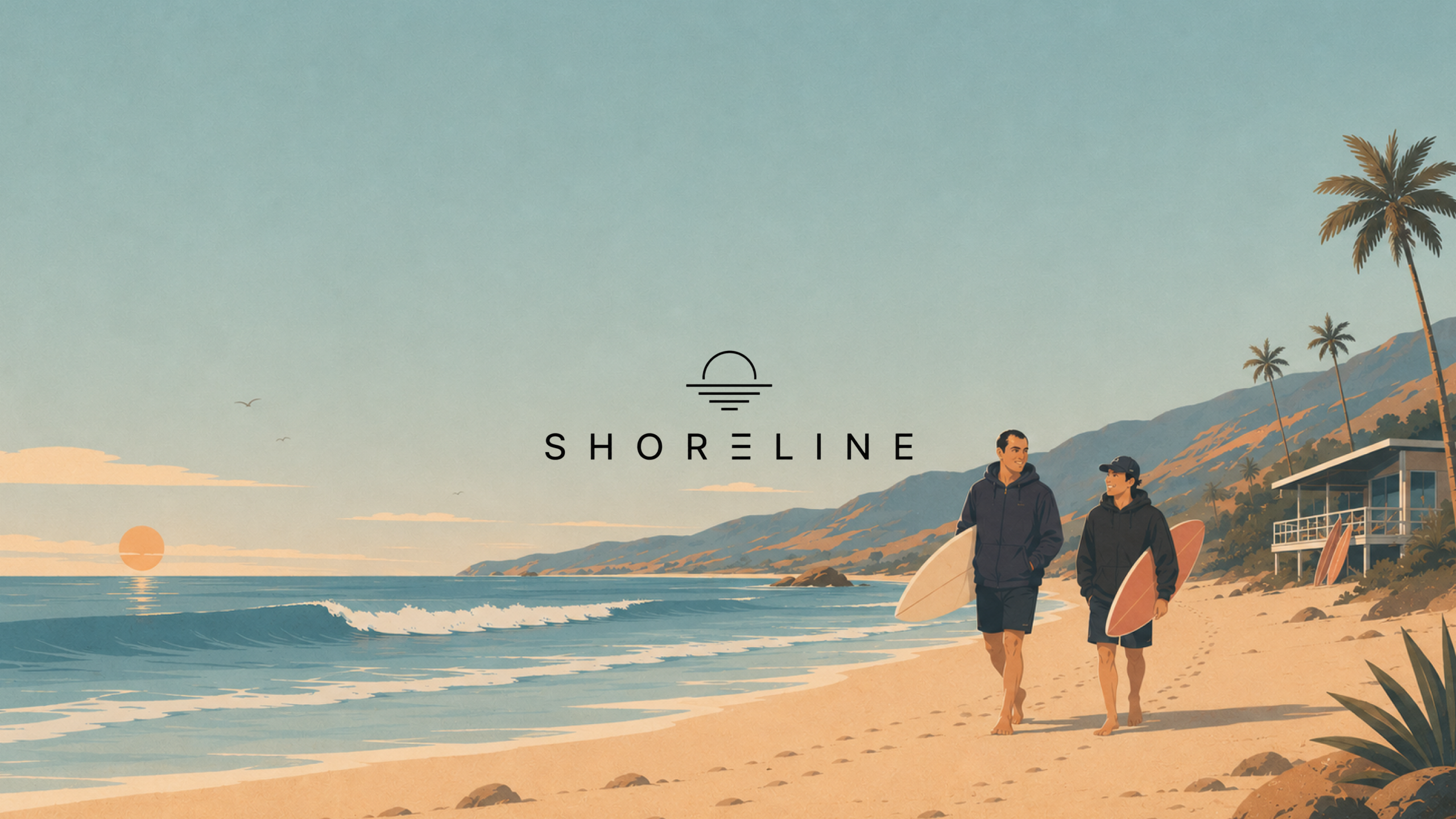 Shoreline banner artwork with two surfers walking near the ocean
